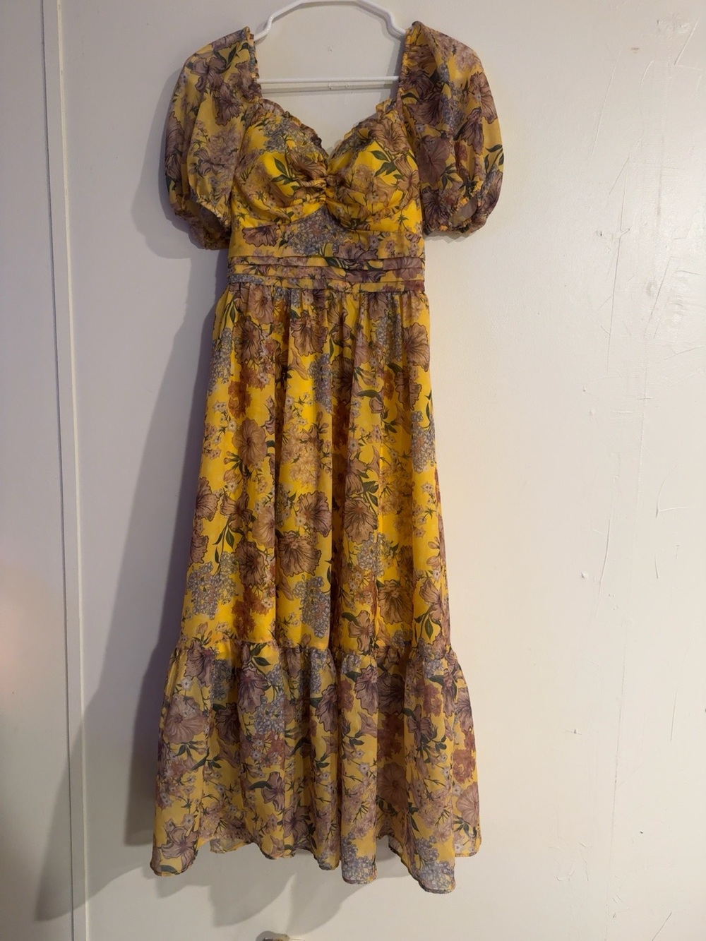Yellow Floral Puff-Sleeve Midi Dress/ NEW - Picture 4 of 10